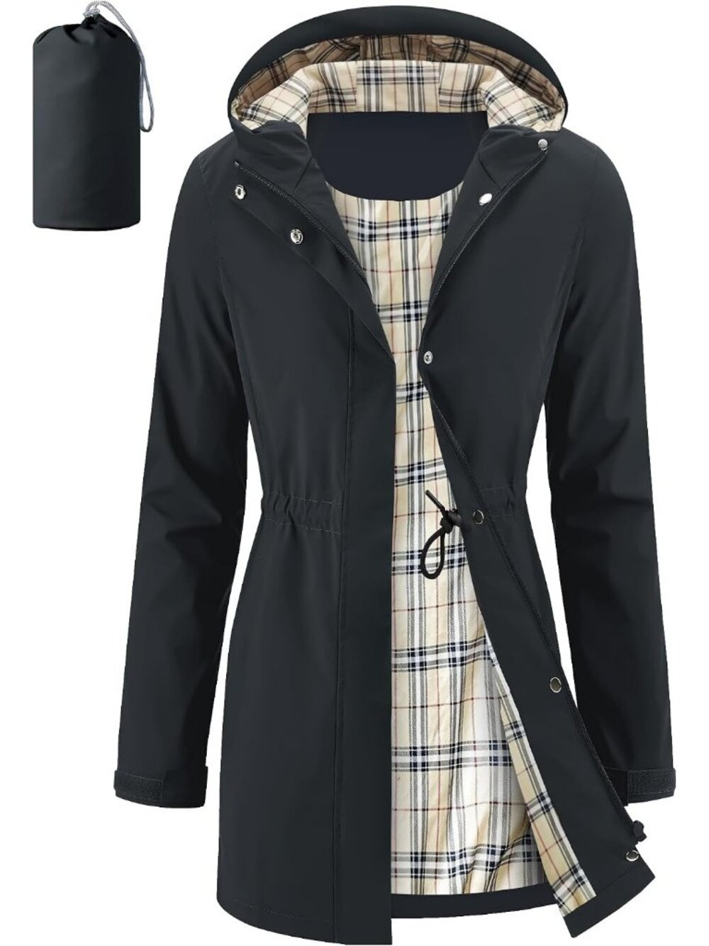Women's Grey Long Rain Jacket Waterproof Packable Hooded Windbreaker Daily Wear